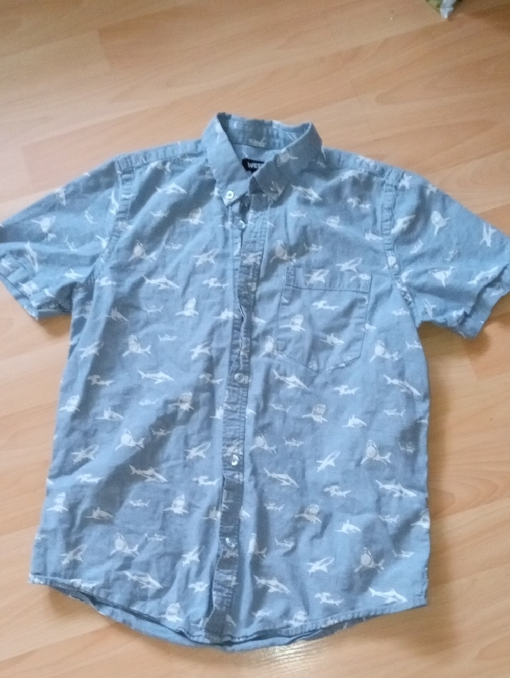 $2>>Wesc Light Blue Short-Sleeve Button-Down Shirt with White Bird Print